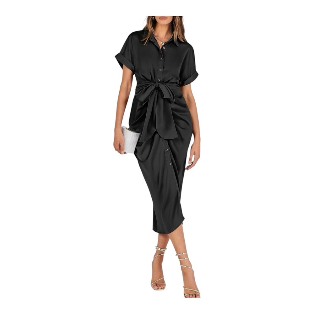 Button Down Short Sleeve Shirt Satin Ruched Maxi Spring Wedding Guest Dress